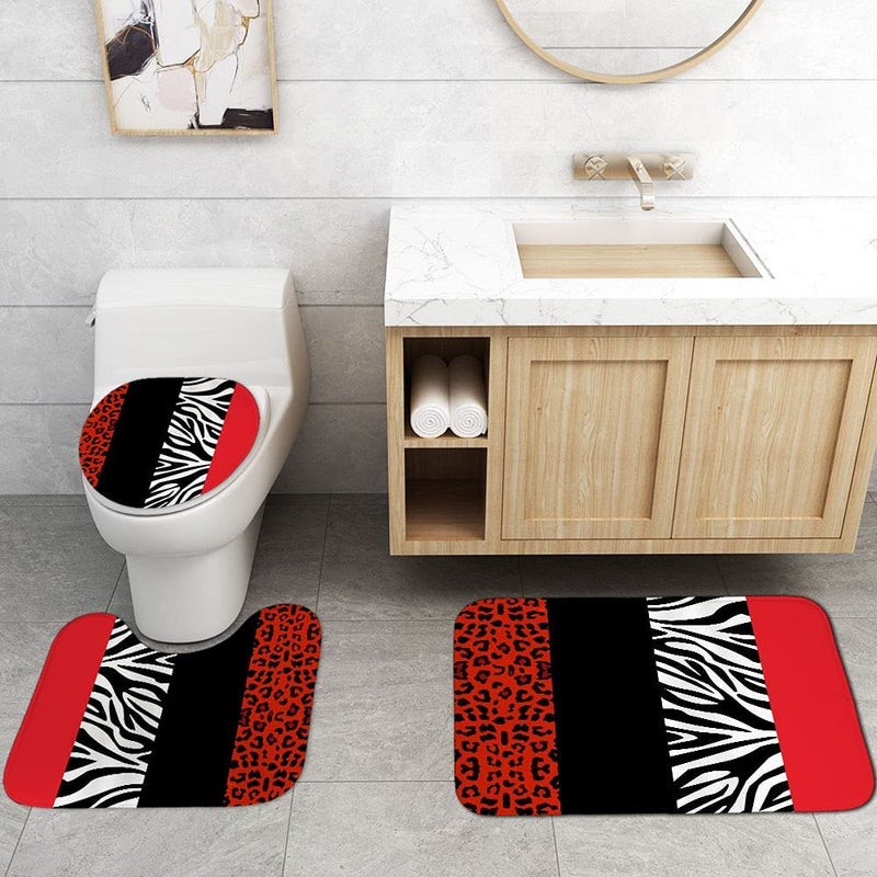 jieprom 4PCS Leopard Print Shower Curtain Set with Rug  Toilet Lid Cover and Bath Mat Red Black Splice Shower Curtain with 12 Hooks  Complete Bathroom Accessories Decor Set - Image 2
